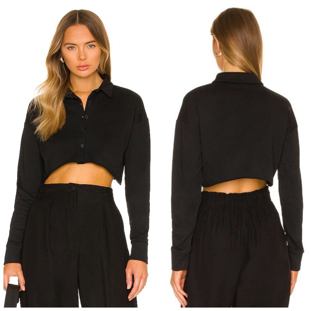 Revolve All The Ways Mia Crop Sweatshirt Size Medium Black Button Front Classic
